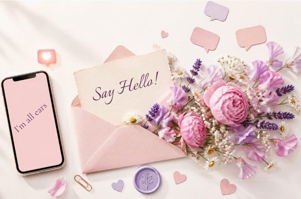 Contact The UGC Map: a pink envelope with a 'Say Hello!' card, pink and lilac flowers, and a phone that says 'I'm all ears'